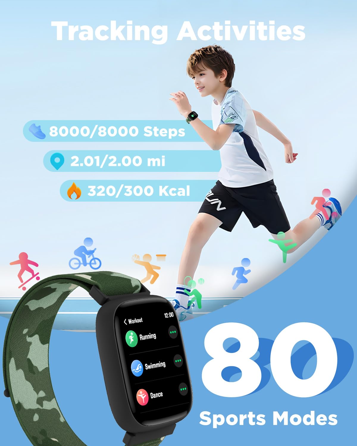 Kids Smart Fitness Watch with Heart Rate, Waterproof, Step & Sleep Tracker