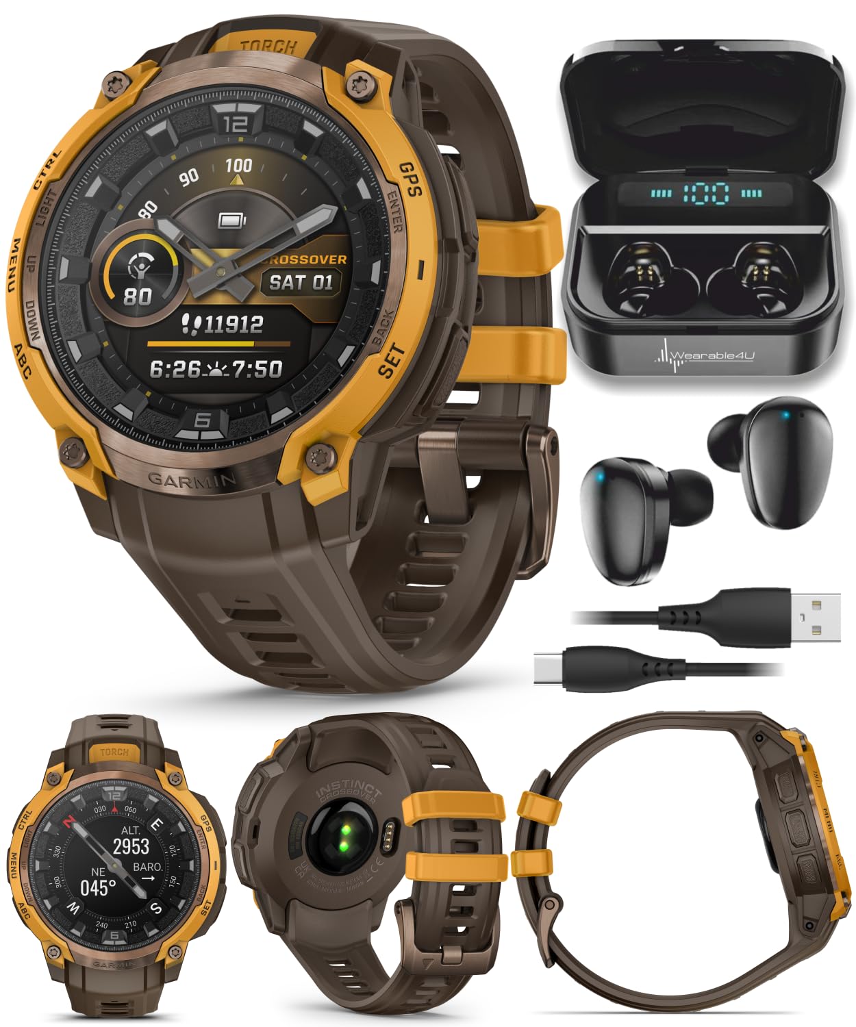 Instinct Crossover AMOLED Hybrid GPS Smartwatch Bundle Earbuds