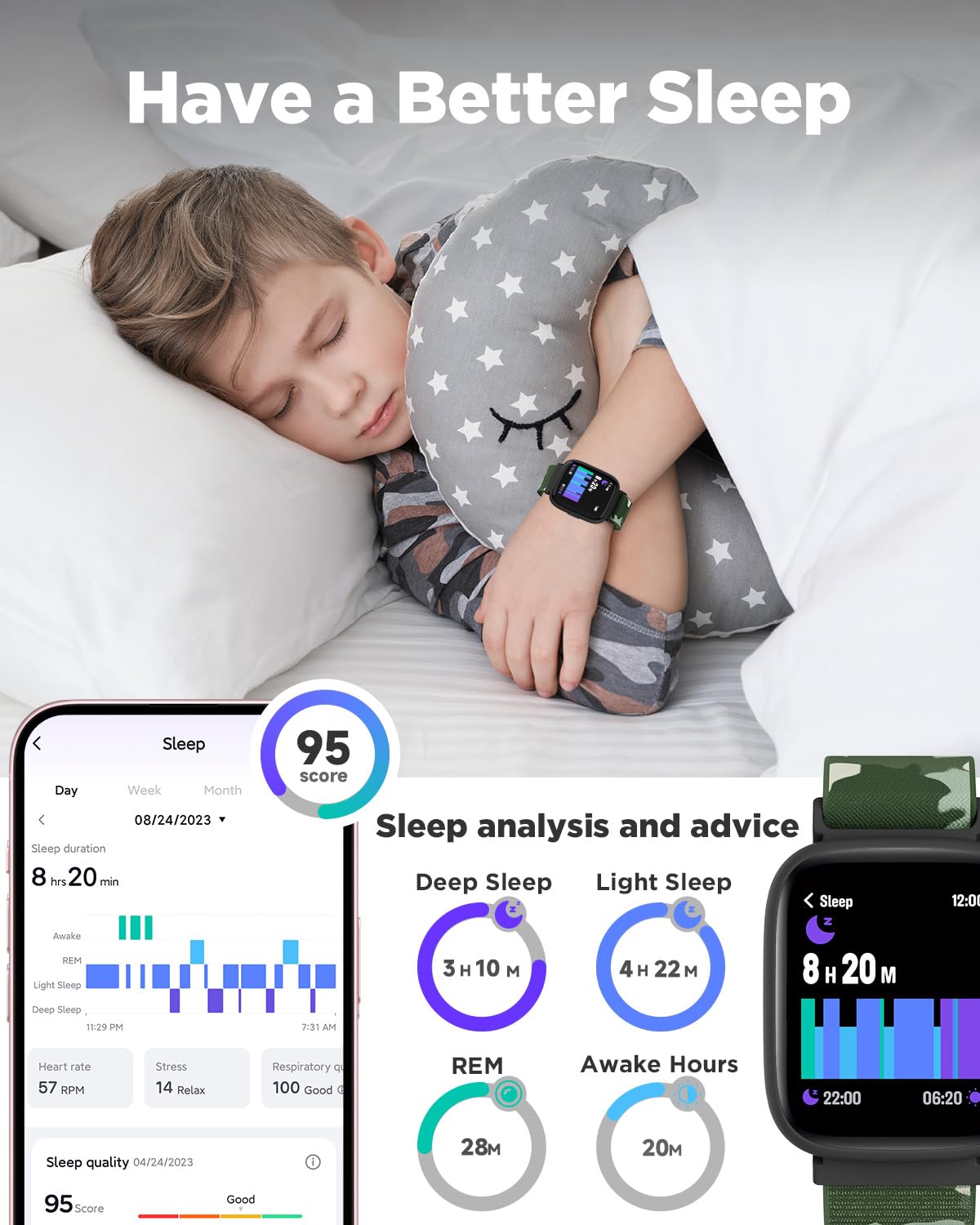 Kids Smart Fitness Watch with Heart Rate, Waterproof, Step & Sleep Tracker