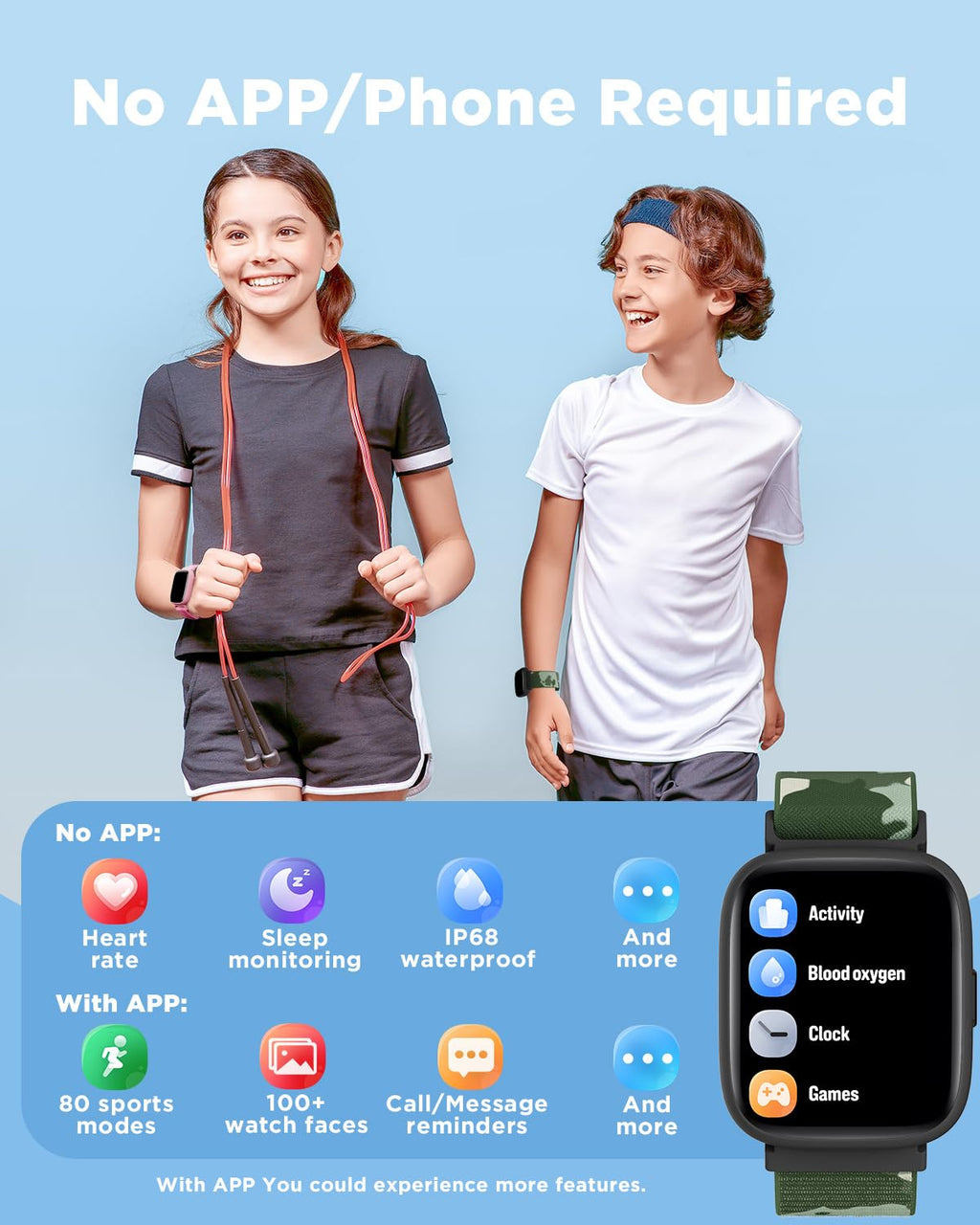 Kids Smart Fitness Watch with Heart Rate, Waterproof, Step & Sleep Tracker