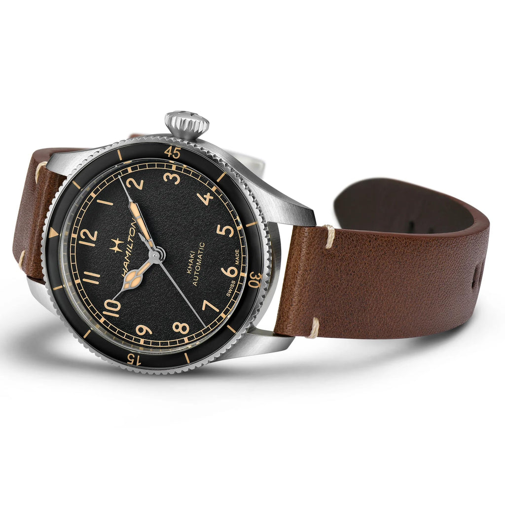Khaki Aviation Automatic Watch 38mm Black Dial Leather Strap