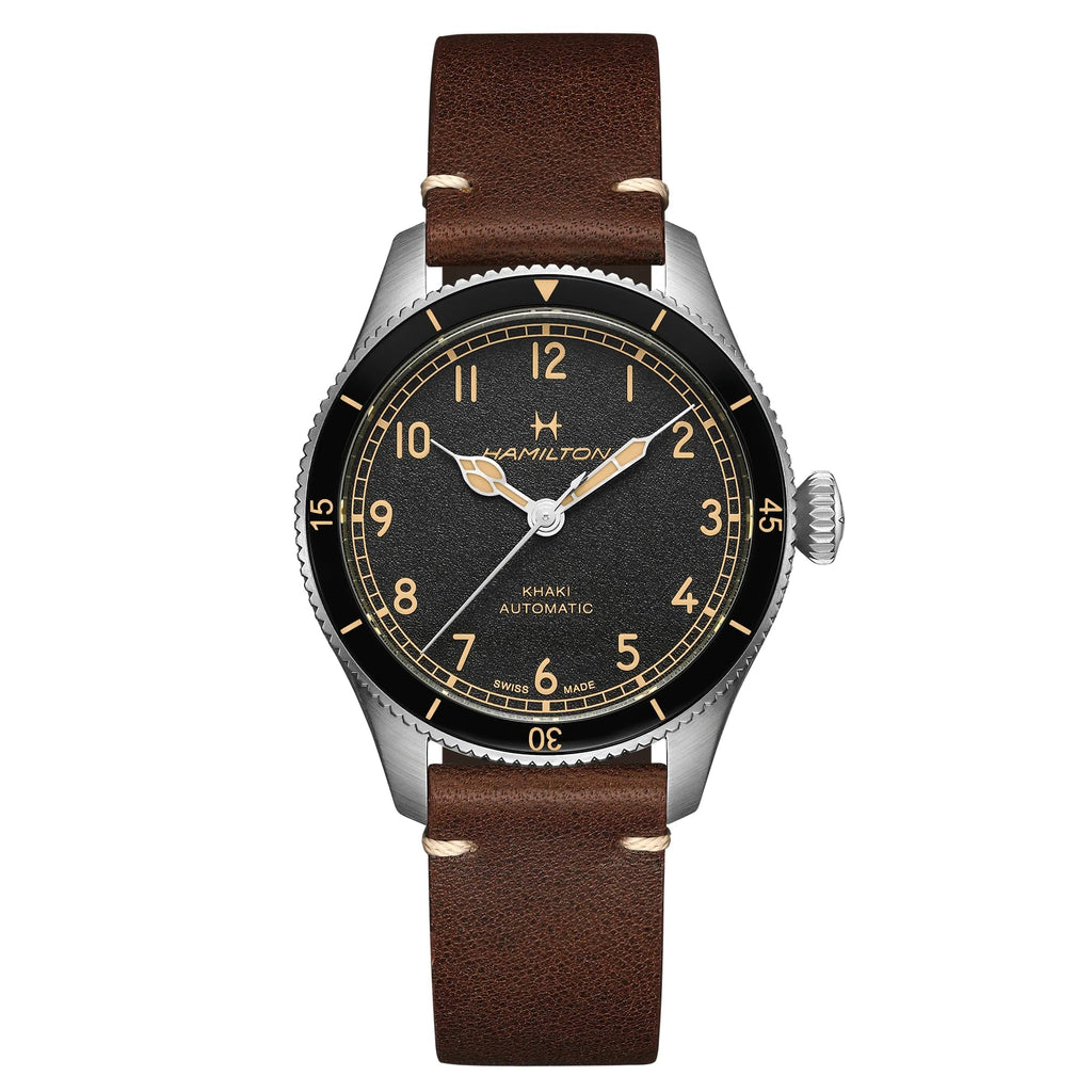 Khaki Aviation Automatic Watch 38mm Black Dial Leather Strap