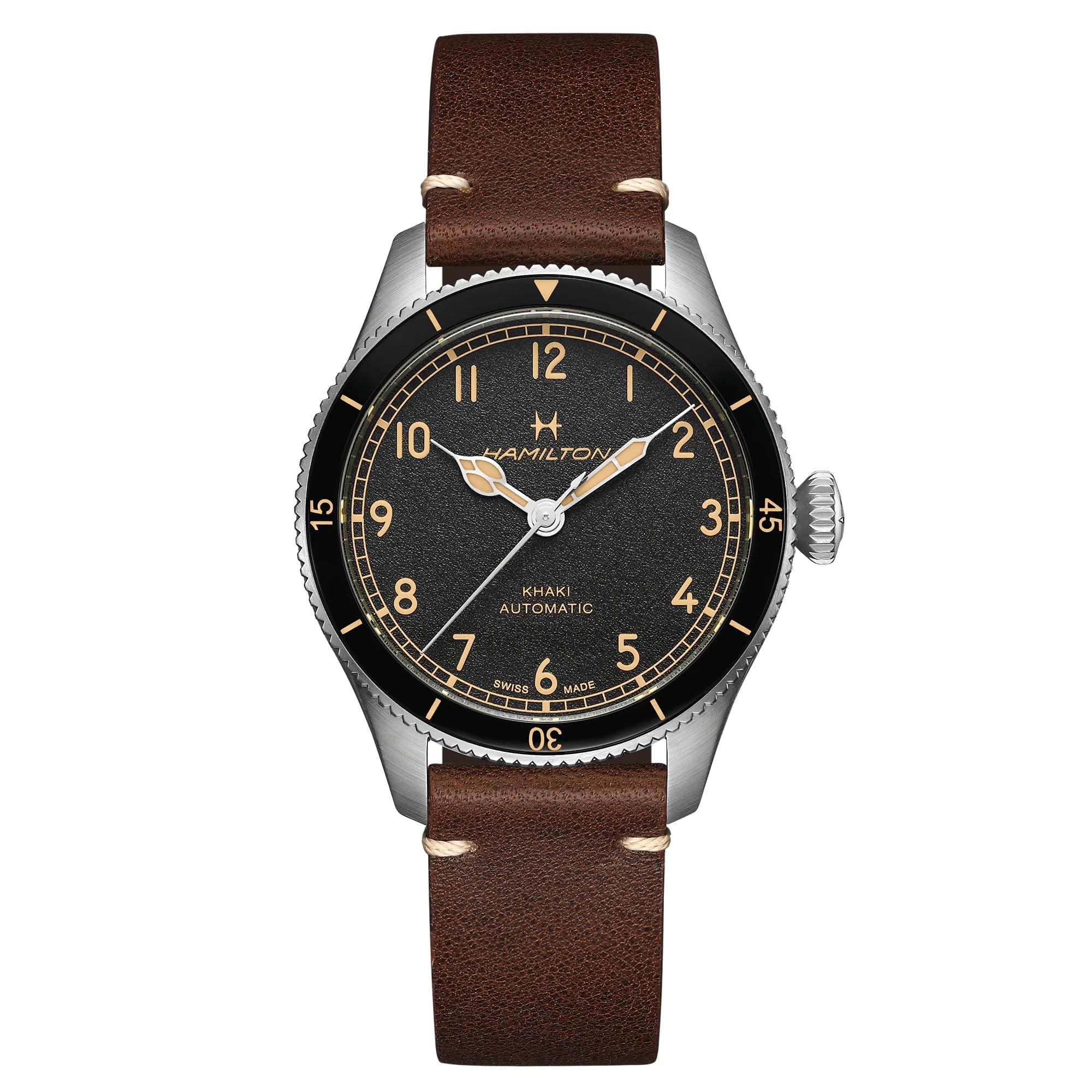 Khaki Aviation Automatic Watch 38mm Black Dial Leather Strap